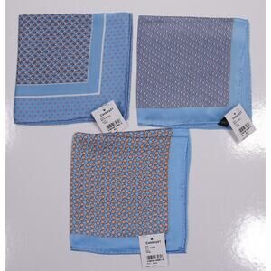 Lot of 3 Blue Hand Rolled Silk Print Pocket Squares Turtles Elephants Fish New